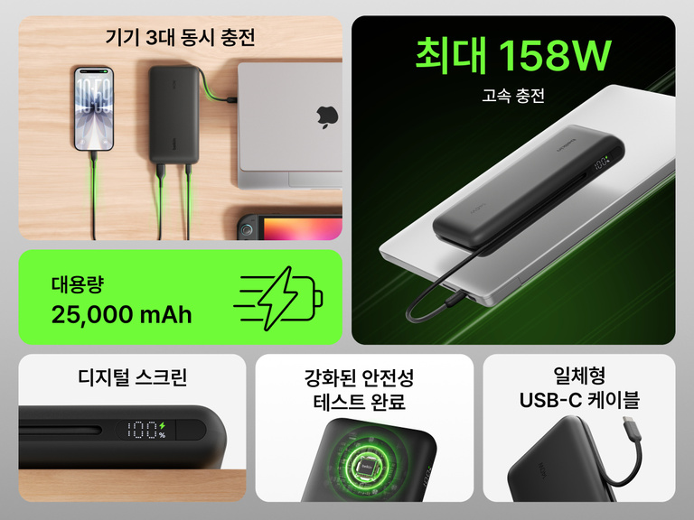 Belkin UltraCharge Pro Laptop Power Bank 25K charging multiple devices with integrated USB-C cable, 25,000 mAh capacity, up to 158W fast charging and digital display