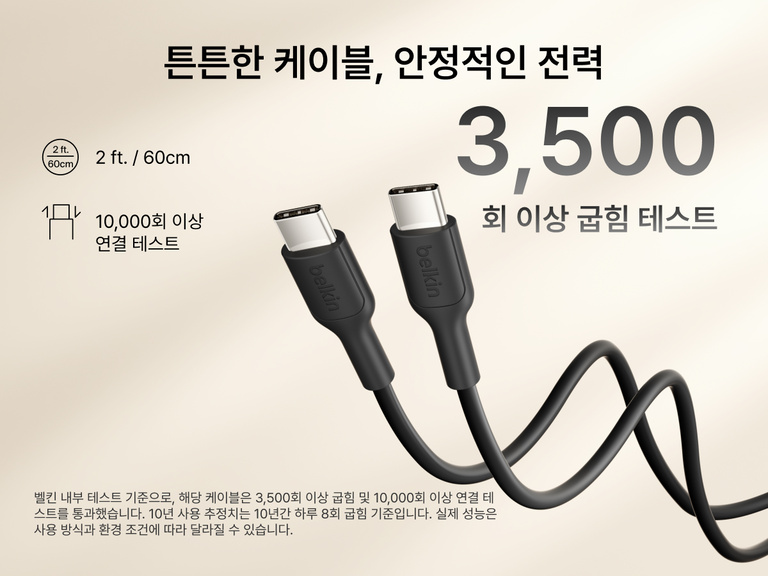 Belkin BoostCharge 슬림 마그네틱 보조 배터리 10K와 함께 제공되는 USB-C to USB-C 케이블의 모습으로, 3,500회 굽힘 및 10,000회 연결 테스트를 거친 내구성 있는 디자인 강조