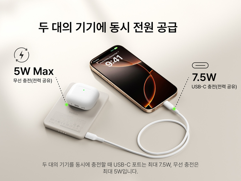 Belkin BoostCharge Slim Magnetic Power Bank 5K shown charging a smartphone and wireless earbuds simultaneously, demonstrating dual charging with 7.5W USB-C and 5W wireless shared power output.
