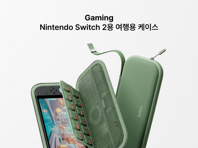 Belkin Nintendo Switch 2용 여행용 게이밍 케이스의 분해도로 게임 카드용 공간과 메시 수납 공간, 내구성 있는 지퍼형 보호부를 확인할 수 있습니다.