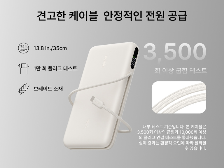 Belkin UltraCharge Pro Laptop Power Bank 25K with durable braided USB-C cable, designed for 3,500 bends and 10,000 plug-ins, delivering reliable high-power charging