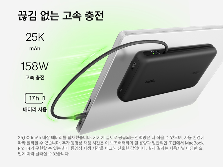 Belkin UltraCharge Pro Laptop Power Bank 25K delivering up to 158W fast charging with integrated USB-C cable connected to a laptop, 25,000 mAh capacity and digital display