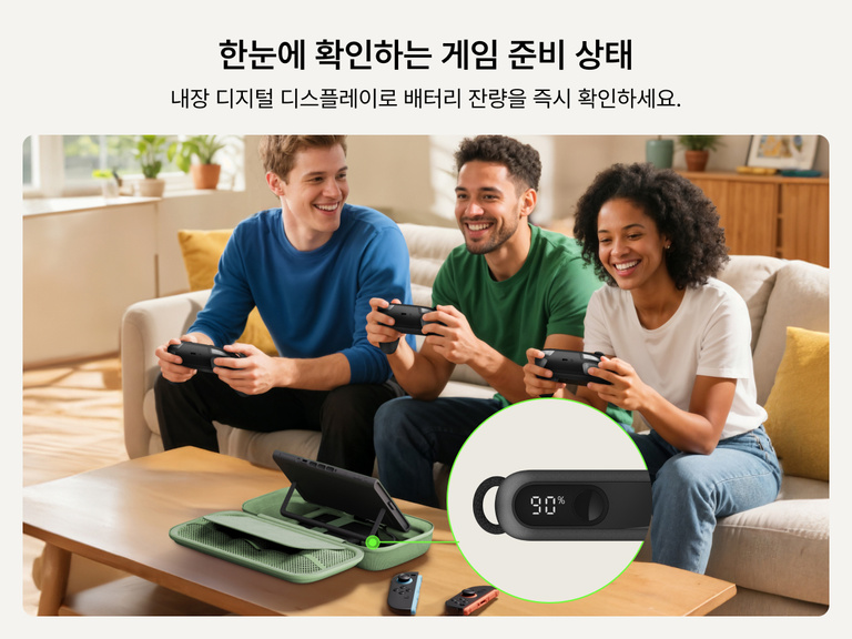 Belkin 게이밍 충전 케이스가 콘솔에 전원을 공급할 동안 Nintendo Switch 2에서 게임을 하는 친구들의 모습. 배터리 수준이 90%임을 나타내는 내장 디지털 디스플레이를 클로즈업해서 보여 줍니다.