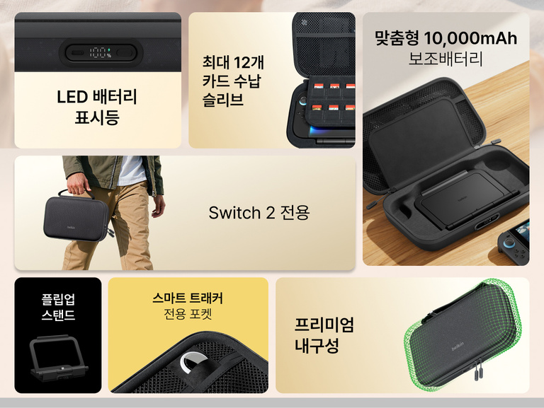Belkin Nintendo Switch 2용 게이밍 충전 케이스 프로의 주요 기능 개요입니다. 내장형 10K 보조 배터리, LED 배터리 표시등, 접이식 스탠드, 게임 카드 수납 공간, 스마트 트래커 포켓, 튼튼한 보호용 디자인을 강조합니다.