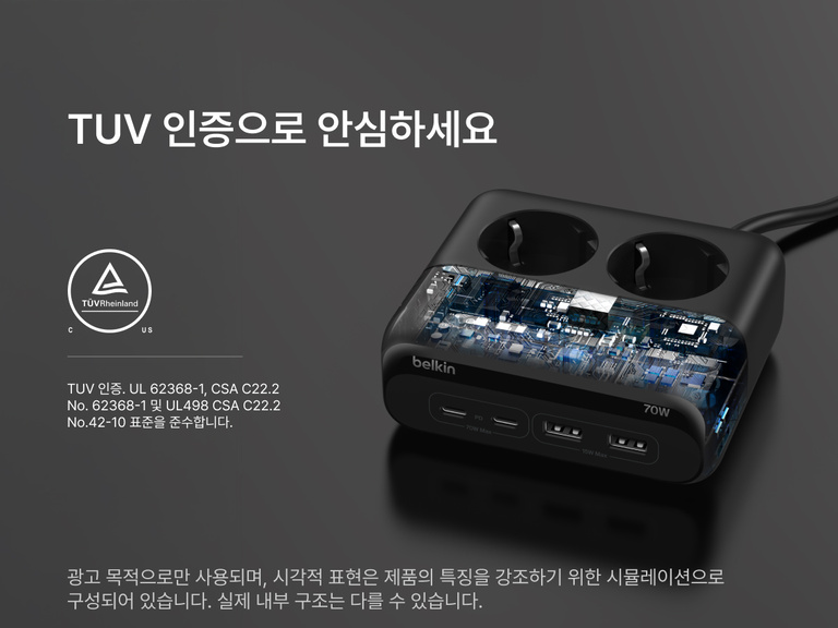 Belkin 3-Outlet Charging Station with 2 USB-A and 2 USB-C ports is shown with a simulated cutaway view of internal circuitry, emphasizing its TUV certification for safety and compliance with industry standards.