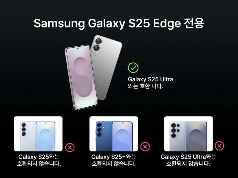 ScreenForce InvisiGlass 항균 강화유리의 호환성 가이드. 삼성 갤럭시 S25 엣지와 호환되지만 갤럭시 S25, S25+, S25 울트라와는 호환되지 않는다는 것을 보여 줍니다. 여러 휴대폰 모델의 이미지에 각각 체크 또는 X 표시가 붙어 있습니다.