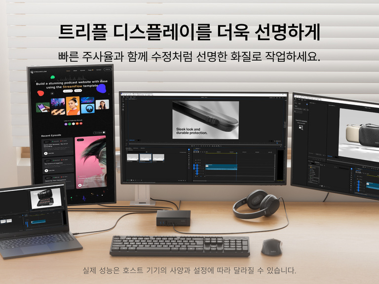 Triple display workspace setup showing a laptop connected to a USB-C dock and three monitors with creative and productivity applications, highlighting clear visuals and smooth performance.