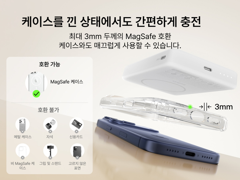Belkin BoostCharge 슬림 마그네틱 보조 배터리 10K로 최대 3mm 두께의 MagSafe 호환 휴대폰 케이스를 통해 충전하는 모습과 명확한 호환성 및 비호환 케이스 예시