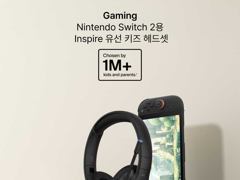 휴대형 콘솔 옆에 있는 Belkin Nintendo Switch 2용 게이밍 인스파이어 어린이용 헤드셋을 보여주는 이미지로, &ldquo;100만 명이 넘는 어린이와 보호자가 선택&rdquo; 배지가 붙어 있습니다.