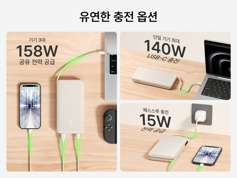 Belkin UltraCharge Pro Laptop Power Bank 25K demonstrating flexible charging with up to 158W shared output, 140W single-device USB-C charging, and pass-through charging capability