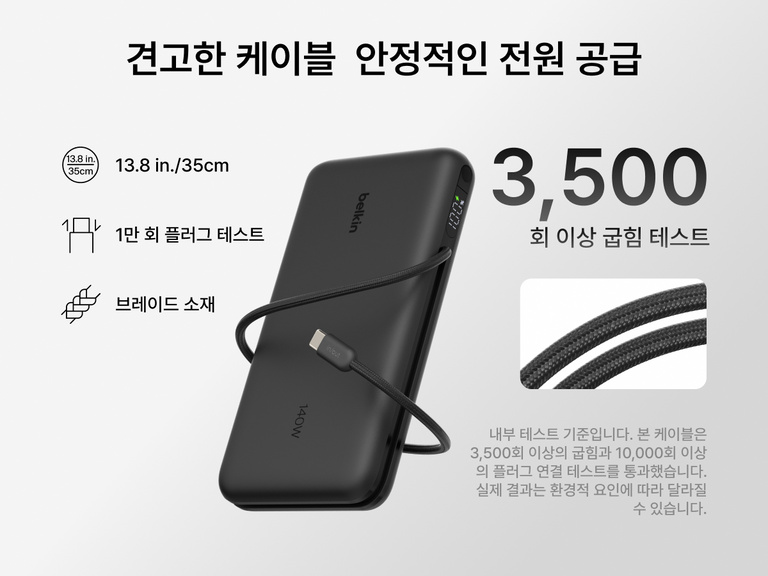 Belkin UltraCharge Pro Laptop Power Bank 25K with durable braided USB-C cable, designed for 3,500 bends and 10,000 plug-ins, delivering reliable high-power charging