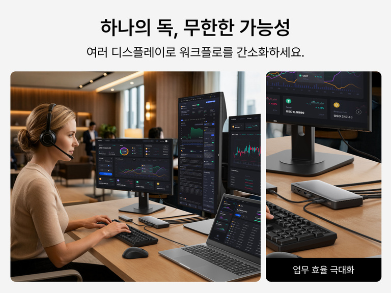 여러 대의 외부 디스플레이를 지원하는 Thunderbolt 4 독 환경으로, 노트북이 여러 모니터에 연결되어 멀티태스킹과 생산성 향상을 제공하는 모습을 보여 줍니다.
