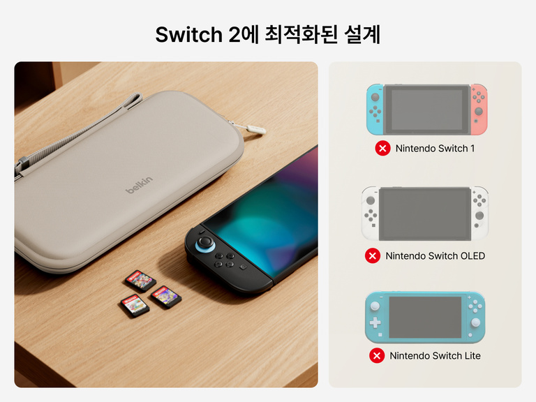 Belkin 여행용 게이밍 케이스가 Nintendo Switch 2 옆에 있는 모습으로, Switch 2와만 호환되고 Switch 1, OLED 또는 Lite 모델과는 호환되지 않는다는 점을 보여 주는 아이콘이 표시됩니다.