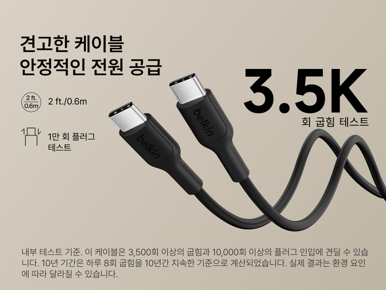 Belkin BoostCharge Slim Magnetic Power Bank 5K shown with durable USB-C to USB-C cable designed for 3,500+ bends and reliable long-lasting charging performance.