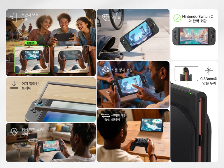 Belkin Nintendo Switch 2용 반사 방지 화면 보호용 강화 유리의 기능을 보여 주는 콜라주. 실내외에서 게임을 하는 사람들을 묘사한 이미지로 반사 방지(다른 브랜드와 비교), 지문 방지, 매우 선명한 게임 플레이 등의 이점을 강조합니다. 추가 설명에는 화면 보호용 강화 유리의 두께가 0.33mm에 불과한 얇은 디자인, 부착을 돕는 이지 얼라인 프레임, 9H 경도, Nintendo Switch 2와의 호환성이 정리되어 있습니다. 제한적 평생 보증을 나타내는 배지가 있습니다.