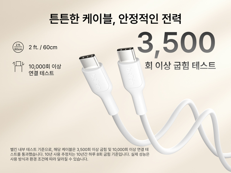 Belkin BoostCharge 슬림 마그네틱 보조 배터리 10K와 함께 제공되는 USB-C to USB-C 케이블의 모습으로, 3,500회 굽힘 및 10,000회 연결 테스트를 거친 내구성 있는 디자인 강조