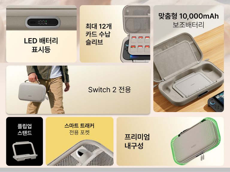 Belkin Nintendo Switch 2용 게이밍 충전 케이스 프로의 주요 기능 개요입니다. 내장형 10K 보조 배터리, LED 배터리 표시등, 접이식 스탠드, 게임 카드 수납 공간, 스마트 트래커 포켓, 튼튼한 보호용 디자인을 강조합니다.
