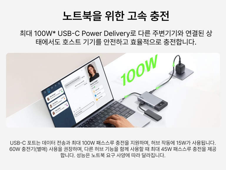 Belkin USB-C 허브에 노트북을 연결한 상태로 최대 100W Power Delivery 기능을 사용하는 사람의 모습입니다. 여러 주변 장치를 동시에 연결한 상태에서도 빠른 충전이 가능하다는 점을 보여 줍니다.