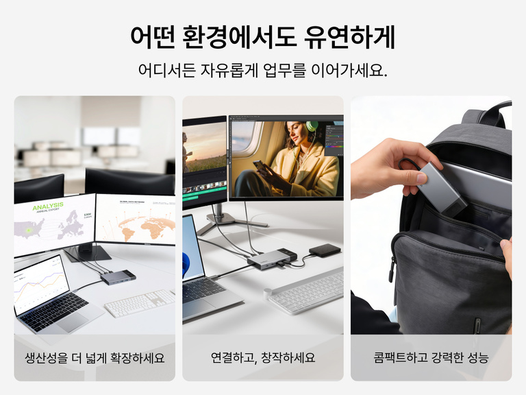 USB-C 허브를 다양한 작업 환경에서 활용하는 모습을 보여 주는 라이프스타일 이미지입니다. 멀티 모니터 생산성 환경, 크리에이티브 편집 워크스테이션, 여행 시 백팩에 허브를 넣는 휴대 상황 등이 포함됩니다.