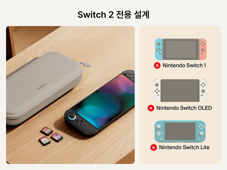 Nintendo Switch 2와 게임 카드 옆에 있는 Belkin 게이밍 충전 케이스의 모습. Switch 2와만 호환되며 Nintendo Switch 1, OLED 또는 Lite 모델과는 호환되지 않는다는 점이 명확하게 표시되어 있습니다.