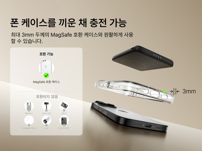 Belkin BoostCharge Slim Magnetic Power Bank 5K shown aligning with a smartphone and MagSafe-compatible case, demonstrating wireless charging through cases up to 3mm thick.