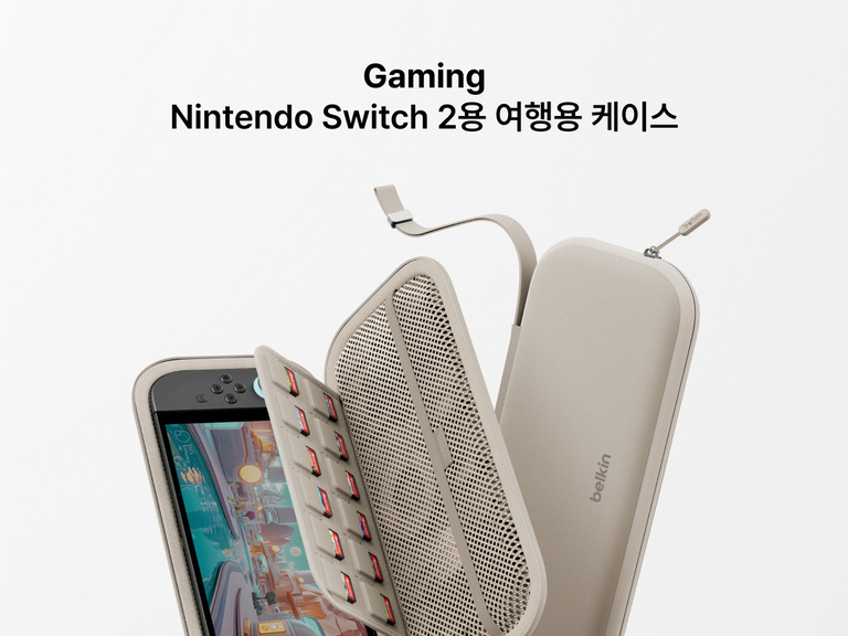 Belkin Nintendo Switch 2용 여행용 게이밍 케이스의 분해도로 게임 카드용 공간과 메시 수납 공간, 내구성 있는 지퍼형 보호부를 확인할 수 있습니다.
