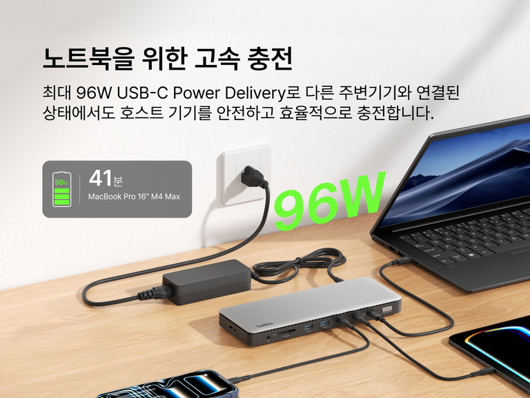 책상 위에 놓인 MacBook Pro에 연결된 Thunderbolt 4 독의 모습으로, 16인치 MacBook Pro M4 Max와의 호환성을 강조하며 연결된 여러 포트와 케이블을 보여 줍니다.