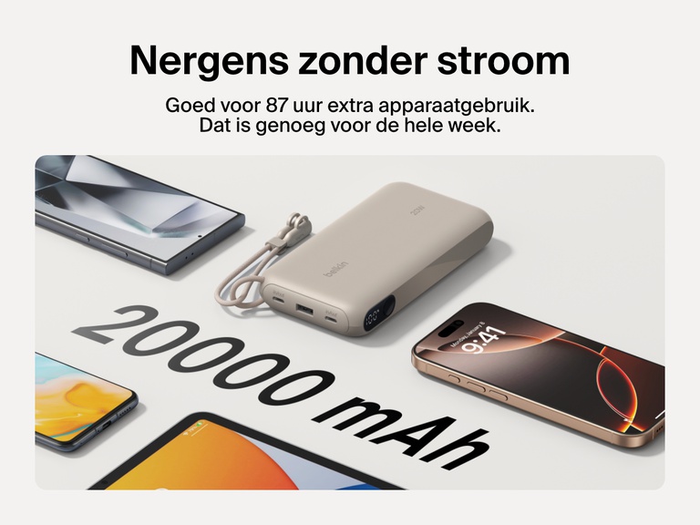 De afbeelding laat zien dat de Belkin BoostCharge 20.000mAh-powerbank met display tot wel 87 uur extra batterijduur biedt met een compacte vormgeving en afneembare kabel om apparaten onderweg van stroom te voorzien.