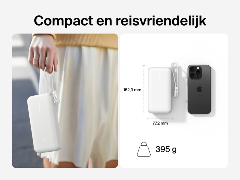 De Belkin BoostCharge 20.000mAh-powerbank met display is afgebeeld in een hand en naast een smartphone, om de compacte, reisvriendelijke vormgeving met afmetingen van 152,9 x 77,2 mm en een gewicht van slechts 395 g te benadrukken.