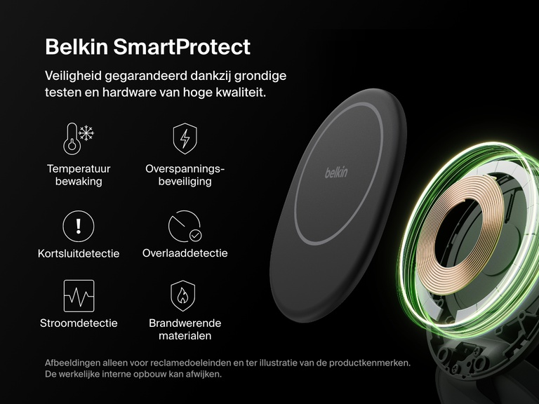 Een explosieweergave van de Belkin BoostCharge 3-in-1 compacte magnetische laadstandaard ter illustratie van de SmartProtect-veiligheidsfuncties en -kenmerken, waaronder temperatuurbewaking, overspanningsbeveiliging, kortsluitdetectie en brandwerende materialen.
