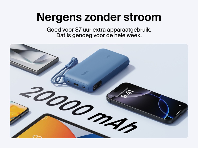 De afbeelding laat zien dat de Belkin BoostCharge 20.000mAh-powerbank met display tot wel 87 uur extra batterijduur biedt met een compacte vormgeving en afneembare kabel om apparaten onderweg van stroom te voorzien.