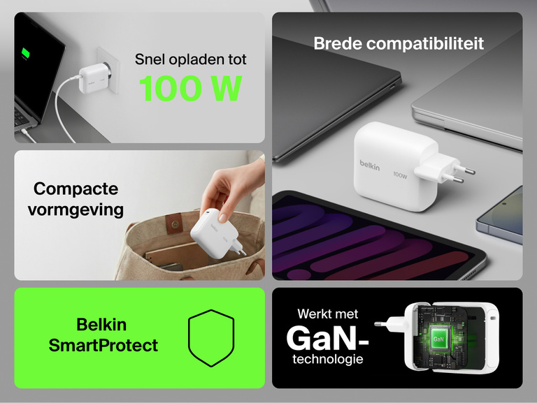 Belkin UltraCharge 45 W GaN-wandlader met ge&iuml;ntegreerde uittrekbare USB-C-kabel van 70 cm, een USB-C-poort, een compacte reisvriendelijke vormgeving, beveiliging tegen oververhitting en die apparaten snel oplaadt.