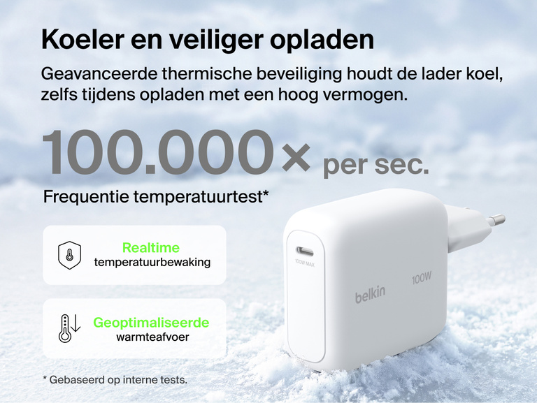 Belkin UltraCharge 45 W GaN-wandlader met uittrekbare kabel van 70 cm die niet in de knoop raakt, voor flexibiliteit bij de stroomvoorziening: van apparaten in huis en op reis.