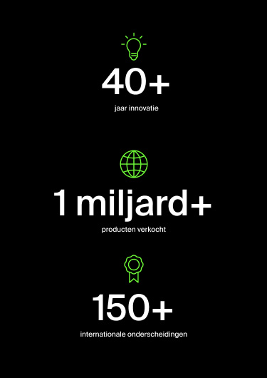 Grafische banner met zwarte achtergrond waarop drie dingen benadrukt worden: groen pictogram van een lampje met de tekst “40+ jaar innovatie”, een groene wereldbol met de tekst “1 miljard+ producten verkocht” en een groen onderscheidingslintje met de tekst “200+ onderscheidingen sinds 2014“.