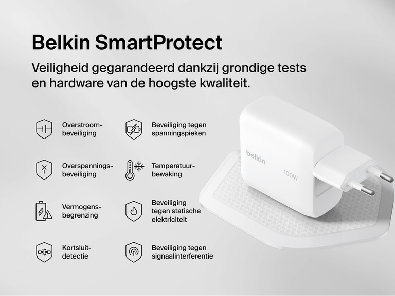 BoostCharge USB-C GaN Wall Charger 100W with Belkin SmartProtect safety features including overcurrent, overvoltage, surge, temperature, and short-circuit protection for reliable device charging