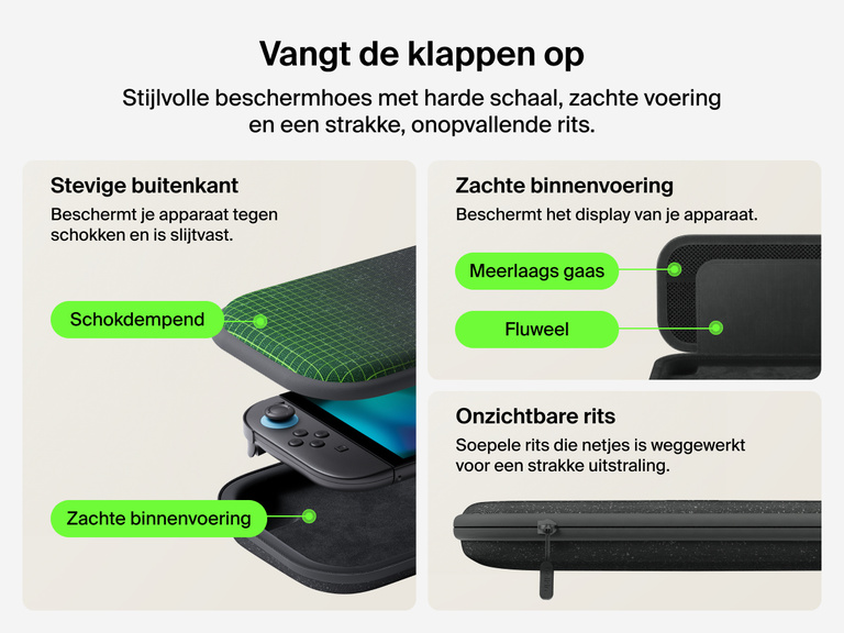 De Belkin Gaming opberghoes voor de Nintendo Switch 2 heeft een schokbestendige schaal, een zacht fluwelen binnenvoering, meerlaags gaas en een robuuste soepele rits ten behoeve van duurzame stijlvolle bescherming.