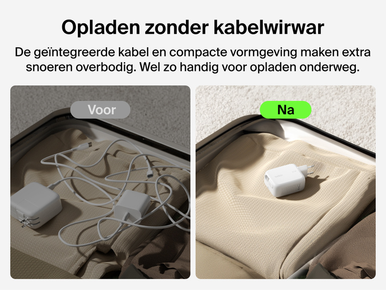 Belkin UltraCharge 67 W GaN-wandlader met ge&iuml;ntegreerde uittrekbare USB-C-kabel, getoond in een voor- en na-vergelijking van reisbagage, waarbij de nadruk gelegd wordt op het compacte, ontwerp en het niet in de knoop raken van de kabel.