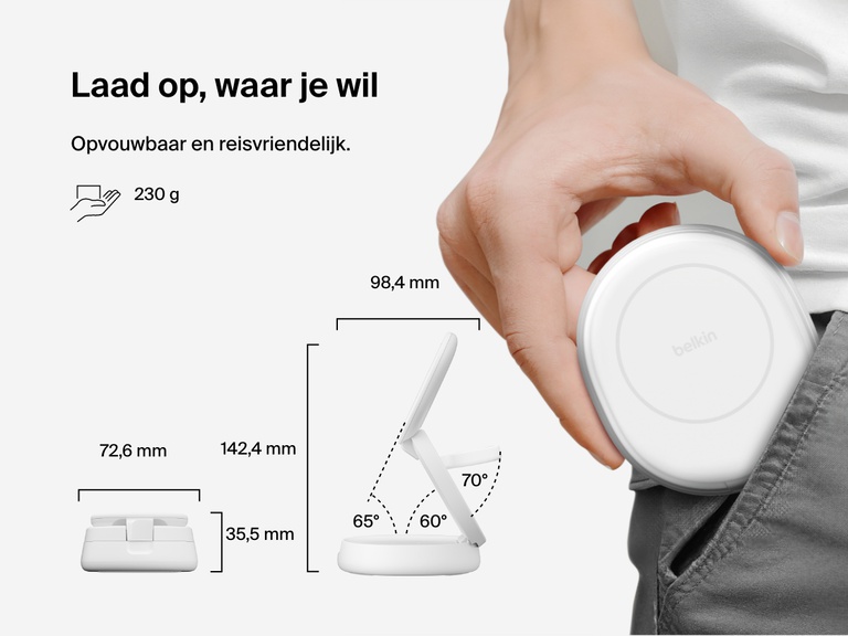 Afbeelding van een Belkin BoostCharge 3-in-1 compacte magnetische laadstandaard die is ingeklapt voor gemakkelijk vervoer waarmee de reisvriendelijke vormgeving wordt benadrukt, het geringe gewicht van 230 gram en de verstelbare zichthoek.
