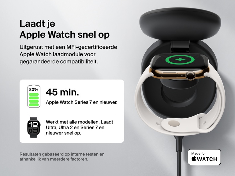 Afbeelding van een Belkin BoostCharge 3-in-1 compacte magnetische laadstandaard die een Apple Watch snel oplaadt en waarmee de MFi-gecertificeerde module, compatibiliteit met alle modellen en opladen van 0-80% in 45 minuten voor Series 7 en nieuwer wordt benadrukt.