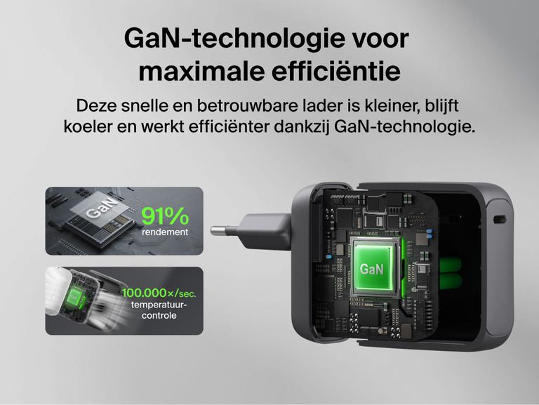 Belkin UltraCharge 45 W GaN-wandlader met ge&iuml;ntegreerde uittrekbare USB-C-kabel van 70 cm, een USB-C-poort, een compacte reisvriendelijke vormgeving, beveiliging tegen oververhitting en die apparaten snel oplaadt.