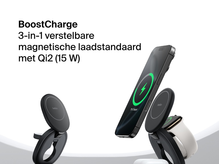 Afbeelding van een Belkin BoostCharge 3-in-1 compacte magnetische laadstandaard die een iPhone, Apple Watch en AirPods snel draadloos oplaadt met Qi2 (tot 15W).