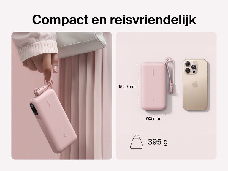 De Belkin BoostCharge 20.000mAh-powerbank met display is afgebeeld in een hand en naast een smartphone, om de compacte, reisvriendelijke vormgeving met afmetingen van 152,9 x 77,2 mm en een gewicht van slechts 395 g te benadrukken.
