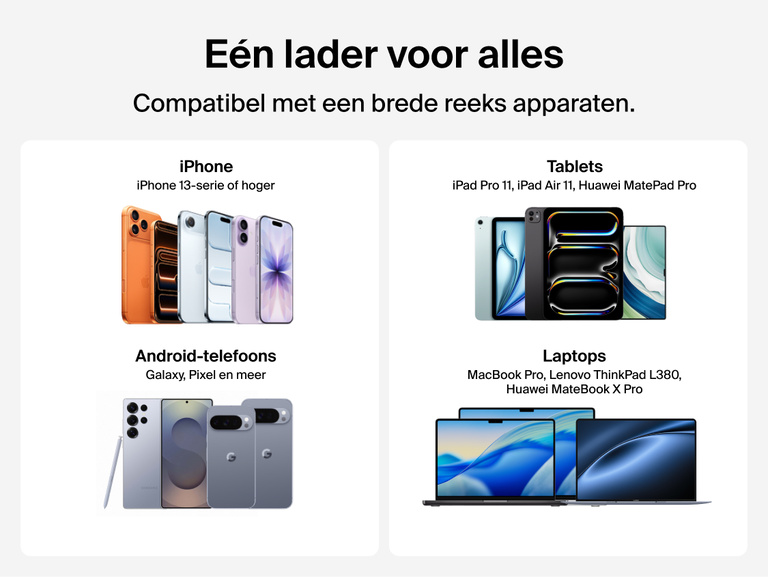 Belkin UltraCharge 45 W GaN-wandlader met ge&iuml;ntegreerde uittrekbare USB-C-kabel en een USB-C-poort, die twee apparaten tegelijk oplaadt en het vermogen slim verdeelt ten behoeve van snel opladen.