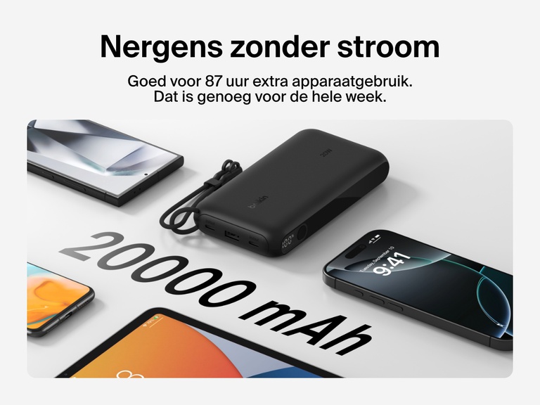 De afbeelding laat zien dat de Belkin BoostCharge 20.000mAh-powerbank met display tot wel 87 uur extra batterijduur biedt met een compacte vormgeving en afneembare kabel om apparaten onderweg van stroom te voorzien.
