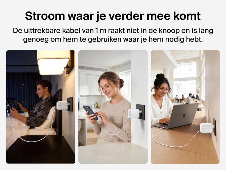 Belkin UltraCharge 67 W GaN-wandlader met ge&iuml;ntegreerde uittrekbare USB-C-kabel, die apparaten van stroom voorziet via het stopcontact in een slaapkamer, keuken of werkruimte.