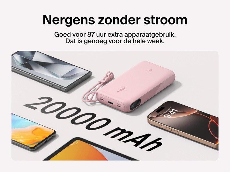 De afbeelding laat zien dat de Belkin BoostCharge 20.000mAh-powerbank met display tot wel 87 uur extra batterijduur biedt met een compacte vormgeving en afneembare kabel om apparaten onderweg van stroom te voorzien.