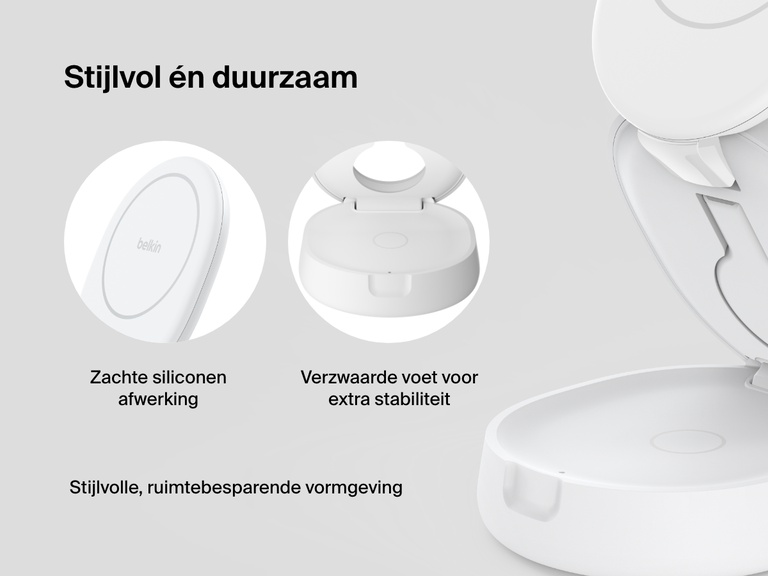 Afbeelding van een BoostCharge 3-in-1 compacte magnetische laadstandaard met een zacht siliconen oppervlak, een verzwaarde voet voor stabiliteit en een stijlvolle, ruimtebesparende opvouwbare vormgeving.