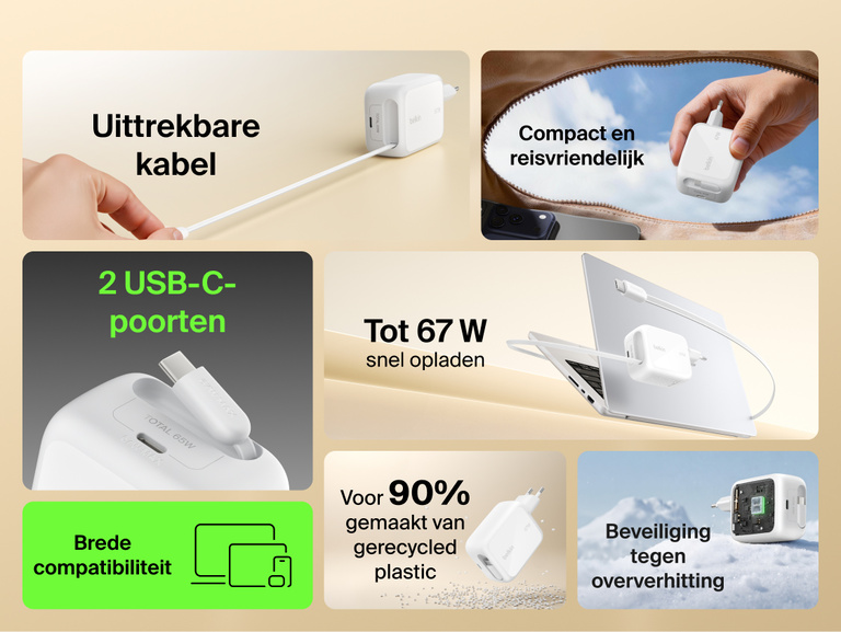 Belkin UltraCharge 67 W GaN-wandlader met ge&iuml;ntegreerde uittrekbare USB-C-kabel, twee USB-C-poorten, snelle laadmogelijkheid met een vermogen tot 67 W, een compacte reisvriendelijke vormgeving, brede compatibiliteit beveiliging tegen oververhitting.
