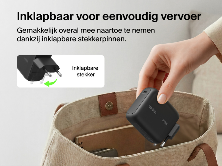 Belkin UltraCharge 45 W GaN-wandlader met uittrekbare kabel stevig aangesloten op een wandstopcontact. Een stabiele, betrouwbare laadoplossing voor het snel opladen van je apparaten.
