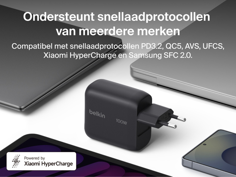 Belkin UltraCharge 45 W GaN-wandlader met uittrekbare kabel die 45 W levert en een smartphone snel van 0-50% oplaadt met de ge&iuml;ntegreerde USB-C-kabel.